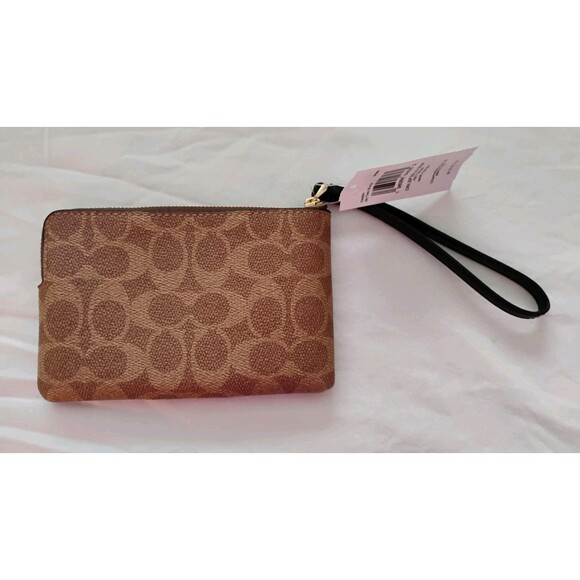 NWT COACH Corner Zip Wristlet Signature Canvas & Leather Brown Logo w/ Black - Picture 4 of 6